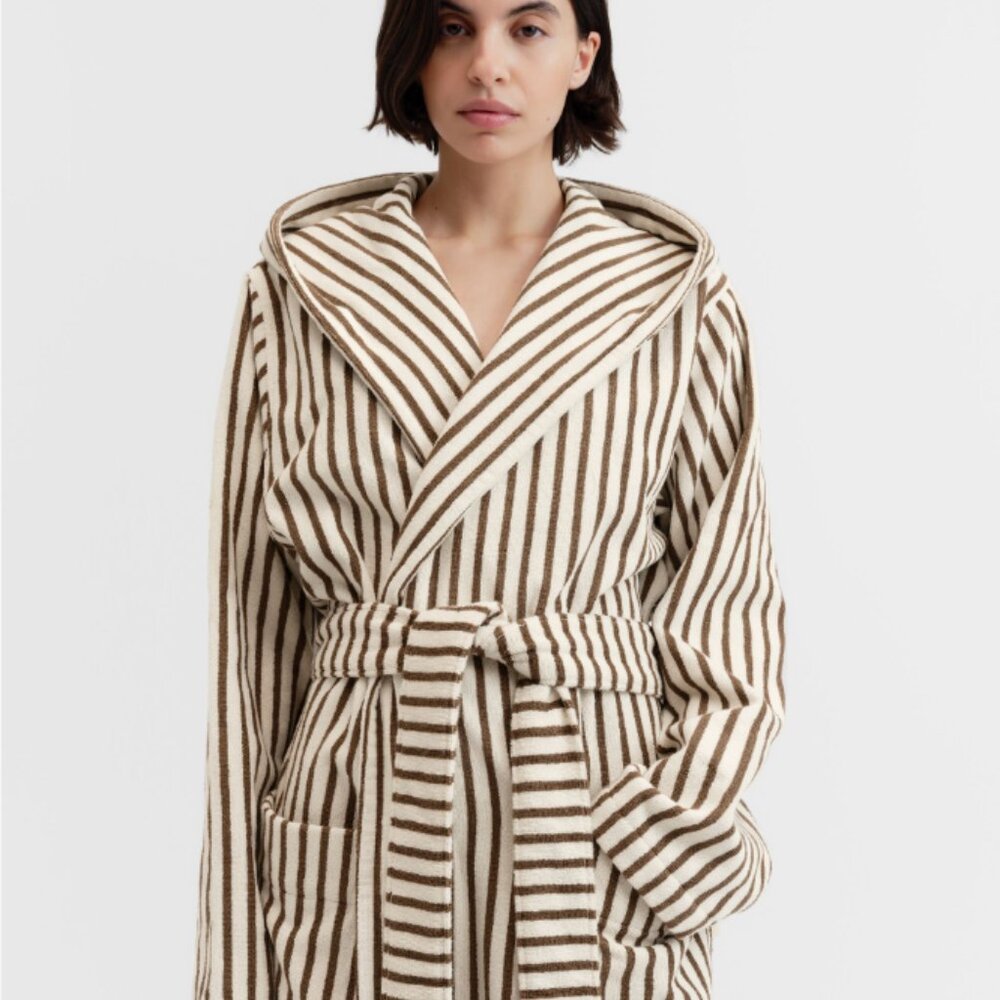 Tekla Medium Terry Bathrobe Brown and White Stripes - Picture 2 of 2